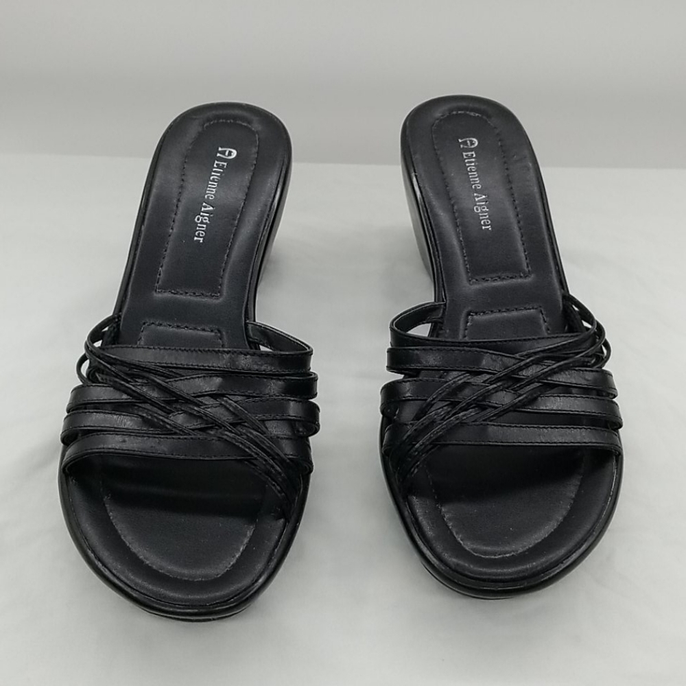 Strappy Black Leather Wedge Sandals, 8.5